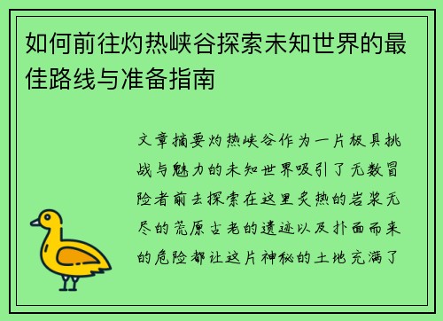 如何前往灼热峡谷探索未知世界的最佳路线与准备指南
